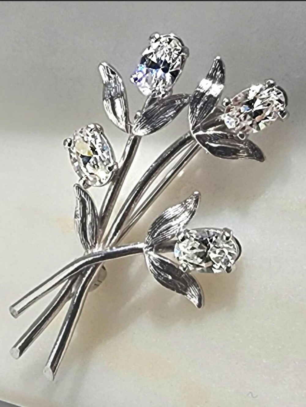 True Vintage 925 Sterling Silver White CZ Floral Flowers Bouquet Brooch Pin